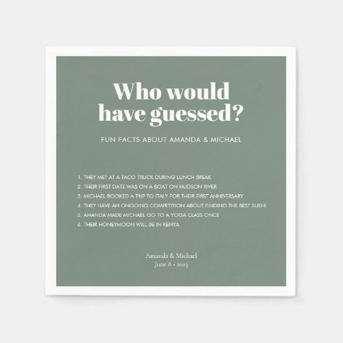 Modern Typography Sage Green Wedding Fun Facts Napkins