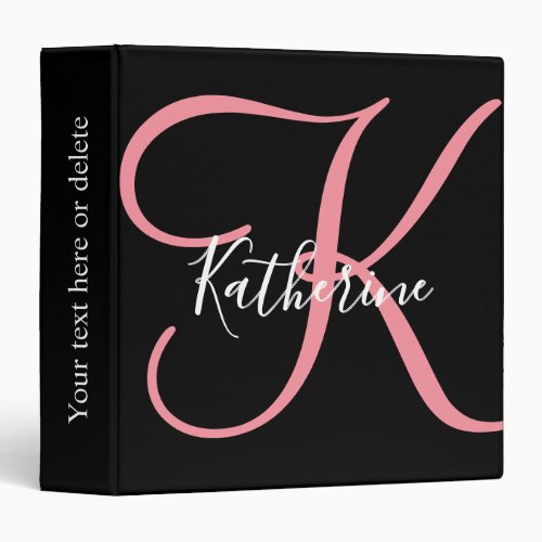 Modern Typography Script Black Blush Monogram Name 3 Ring Binder