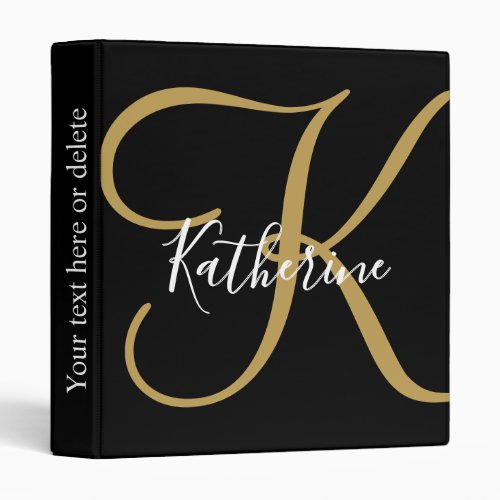 Modern Typography Script Black Gold Monogram Name  3 Ring Binder