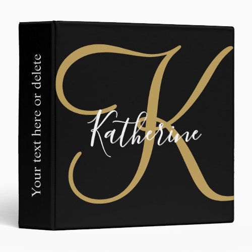 Modern Typography Script Black Gold Monogram Name 3 Ring Binder