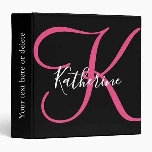 Modern Typography Script Black Pink Monogram Name 3 Ring Binder