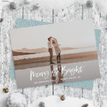 Modern typography script bluephoto Christmas Holiday Card<br><div class="desc">Merry & Bright modern photo christmas card. Modern black and white holiday design. Script text with a modern edge. Hand painted polka dot spotty backer. Change the backer color to customize.</div>