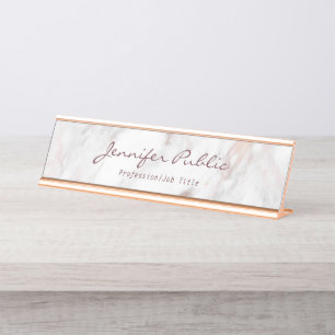 Modern Typography Script Elegant Rose Gold Marble Desk Name Plate