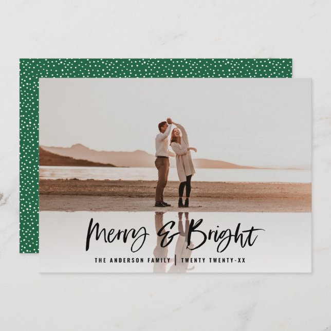 Modern typography script green photo Christmas Holiday Card (Front/Back)
