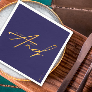 Modern Typography Simple Navy Blue Gold Wedding Napkins