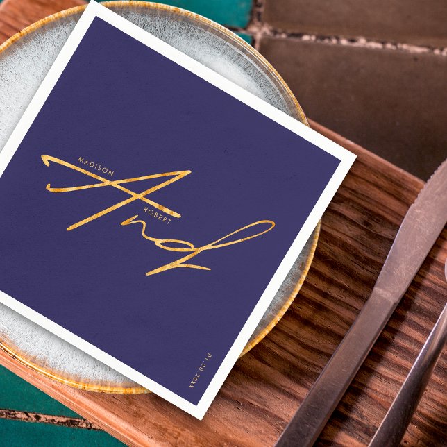 Modern Typography Simple Navy Blue Gold Wedding Napkins (Creator Uploaded)
