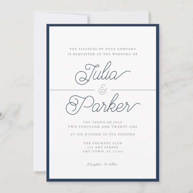 Modern Typography Simple Navy Border Wedding Invitation (Front)