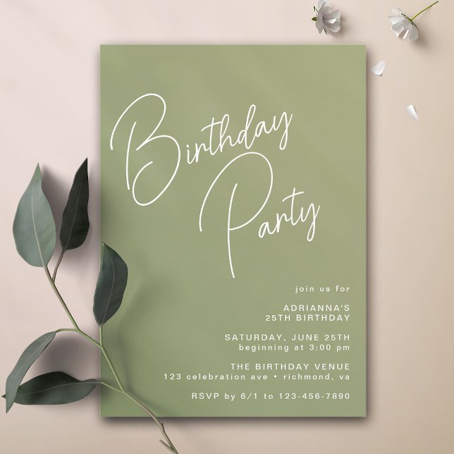 Modern Typography Simple Olive Sage Green Birthday Invitation (Creator Uploaded)