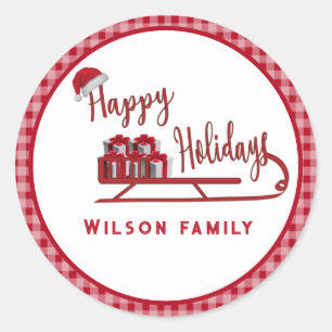 Modern typography Sledge Happy Holidays   Classic Round Sticker