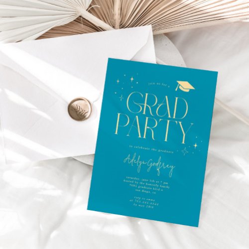 Modern Typography Stars Aqua Blue Graduation Party Invitation