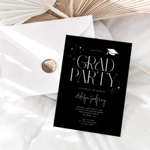 Modern Typography Stars Black Graduation Party Invitation