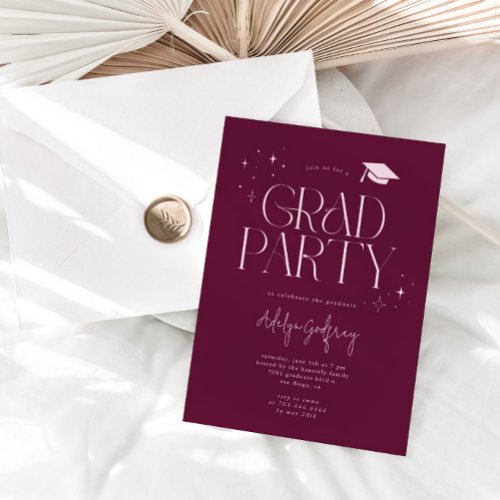 Modern Typography Stars Cranberry Graduation Party Invitation