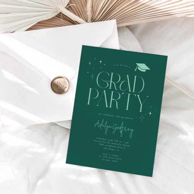 Modern Typography Stars Green  Graduation Party  Invitation (Creator Uploaded)