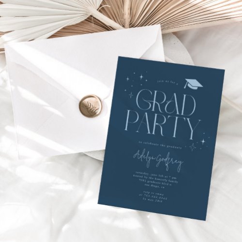 Modern Typography Stars Navy Graduation Party  Invitation