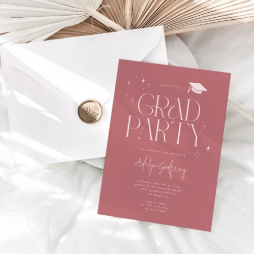 Modern Typography Stars Pink Graduation Party Invitation