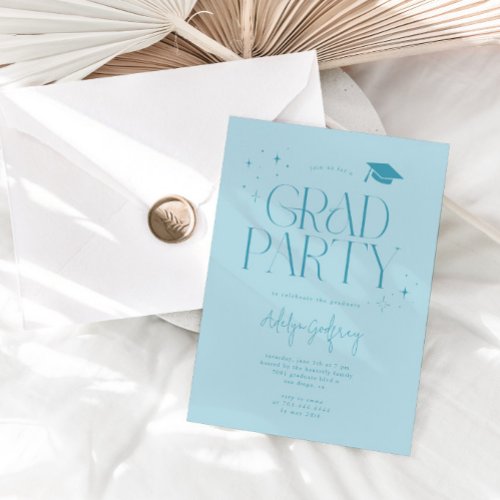 Modern Typography Stars Turquoise Graduation Party Invitation