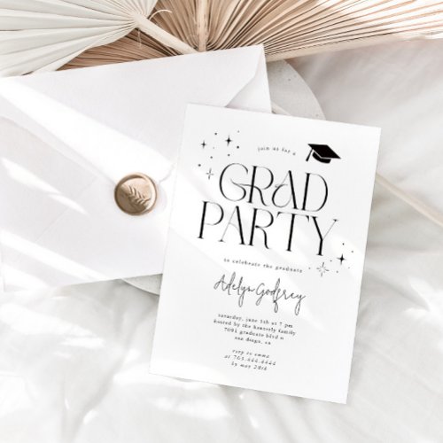 Modern Typography Stars White Graduation Party Invitation