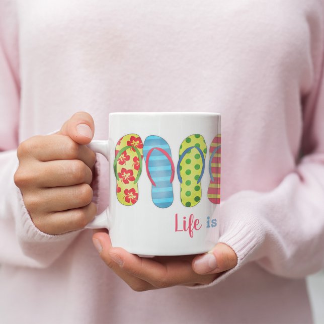 Modern Typography Summer Beach Flip Flops Coffee Mug (Colorful flip flops quote mug. Life is better in flip flops.)
