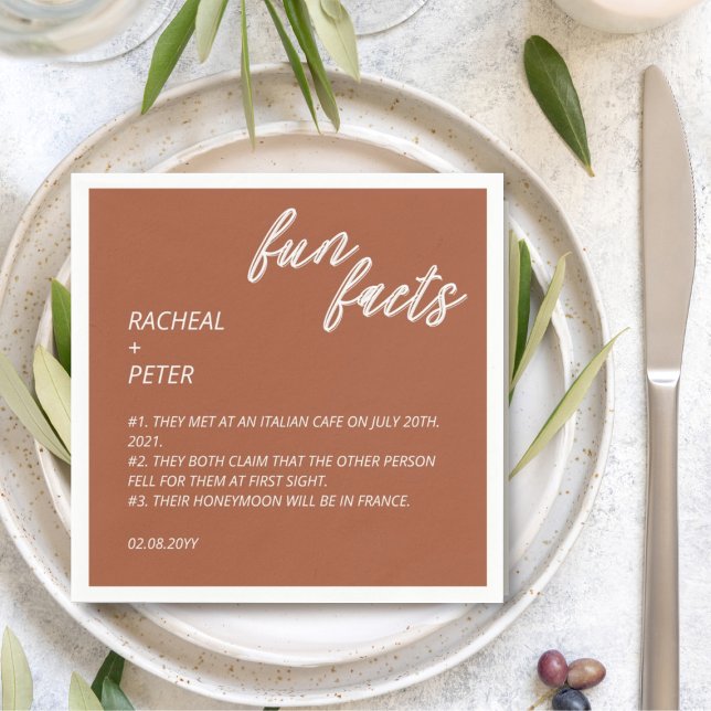 Modern Typography Terracotta Fun Facts Wedding Napkins (Creator Uploaded)