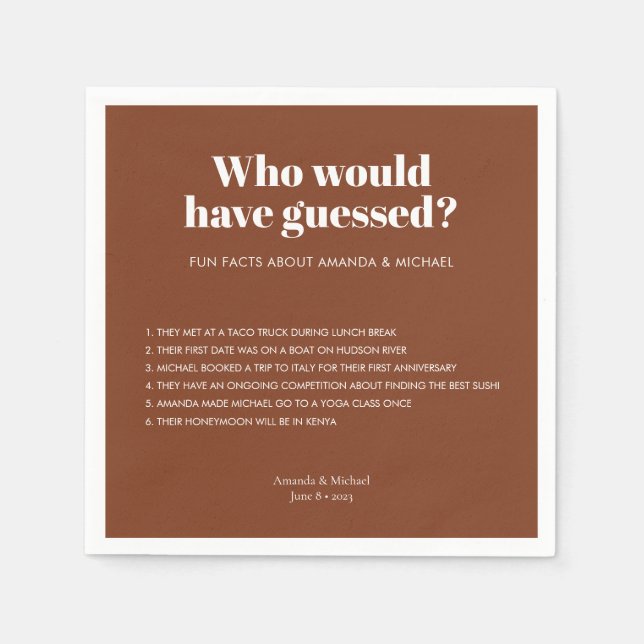 Modern Typography Terracotta Wedding Fun Facts Napkins (Front)
