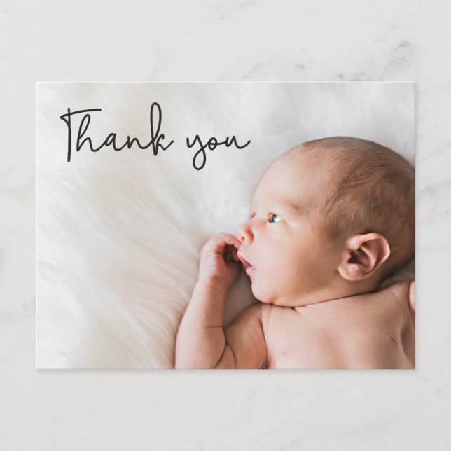 Modern Typography Thank you Custom Baby Photo Announcement Postcard (Front)