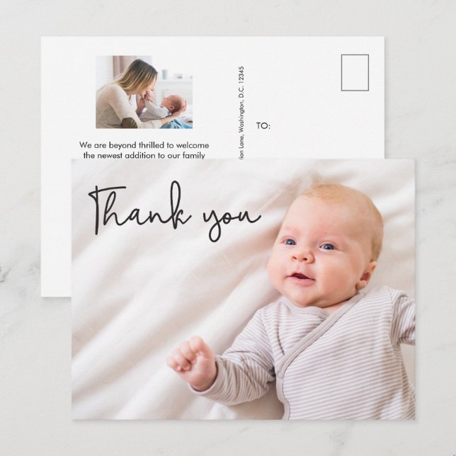 Modern typography Thank you Custom Baby Photos Announcement Postcard (Front/Back)