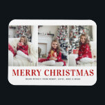 Modern Typography Three Photo Collage Christmas Magnet<br><div class="desc">Merry Christmas | Bring a touch of holiday cheer to your home with our Customizable Photo Christmas Magnet! Perfect for displaying cherished memories, this magnet allows you to personalize it with your favorite festive photo, making it a unique addition to your holiday decor. An ideal gift for family and friends—create...</div>