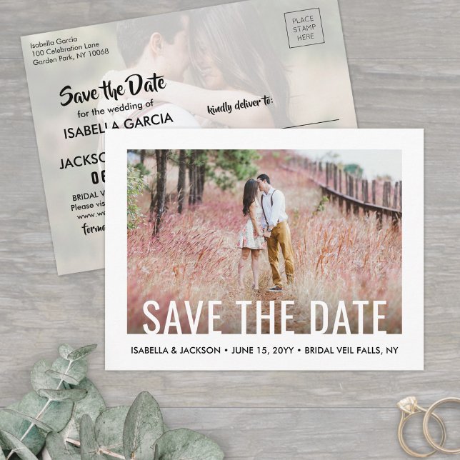 Modern Typography Two Photo Wedding Save the Date Announcement Postcard (Creator Uploaded)