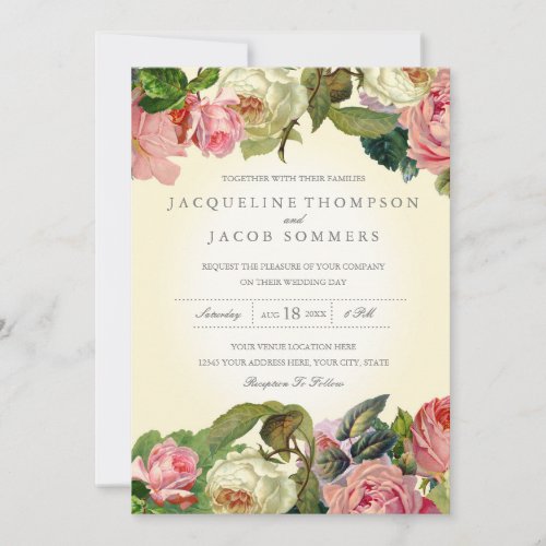 MODERN Typography Vintage Rose Floral Wedding Invitation