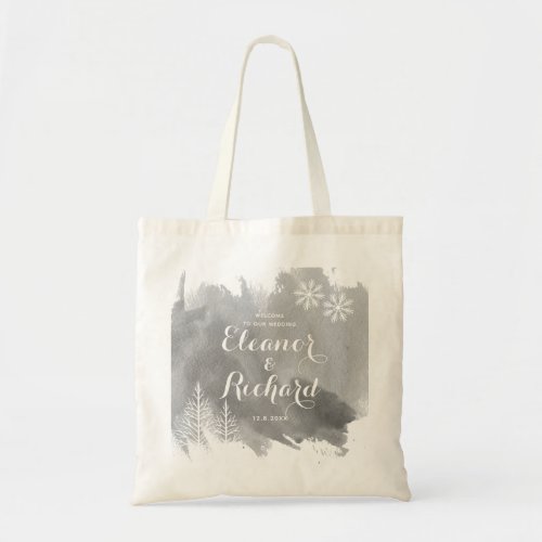 Modern typography watercolor grey wedding welcome tote bag