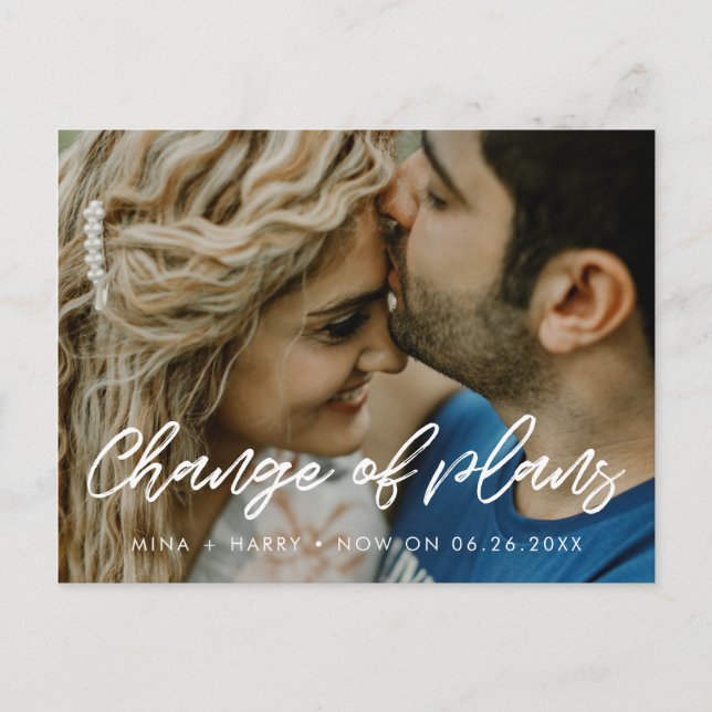 Modern typography wedding change of plans postcard (Front)