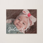 Modern typography Will you be my Godmother photo Jigsaw Puzzle<br><div class="desc">Modern and trendy: choose a photo puzzle for your Godmother proposal. Easy to personalize with your baby picture!</div>
