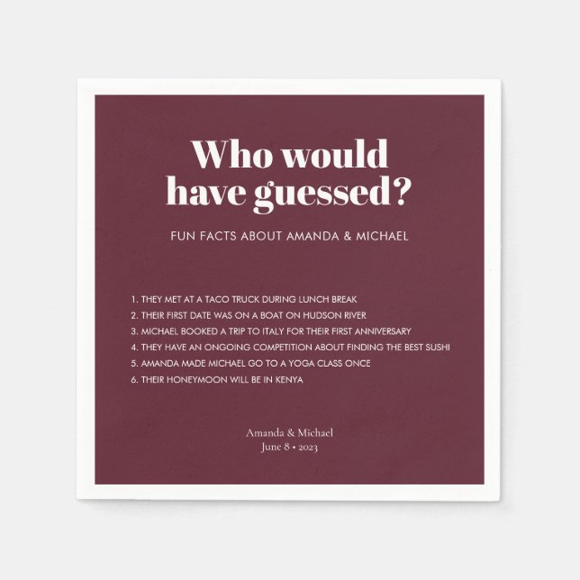 Modern Typography Wine Red Wedding Fun Facts Napkins (Front)