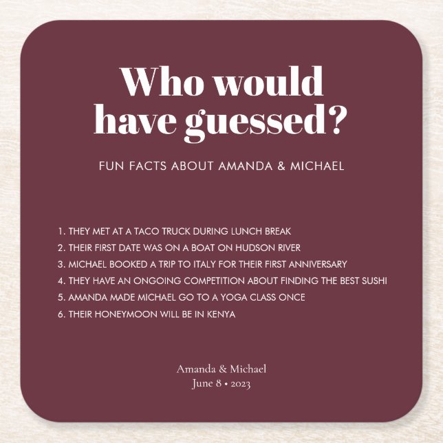 Modern Typography Wine Red Wedding Fun Facts Square Paper Coaster (Front)