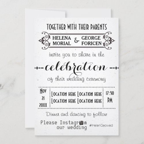 Modern typography with Instagram hashtag wedding Invitation