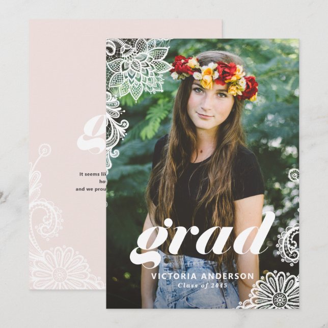 Modern Typography with Lace Photo Graduation Party Invitation (Front/Back)