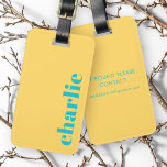 Modern typography yellow and teal luggage tag<br><div class="desc">Modern,  minimal luggage tag with your custom name or text aligned vertically to the right on a yellow background.</div>