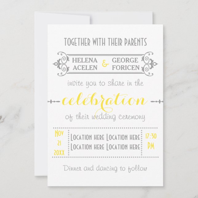 Modern typography yellow, grey wedding invitation (Front)