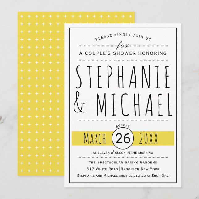 Modern typography yellow wedding couple's shower invitation (Front/Back)