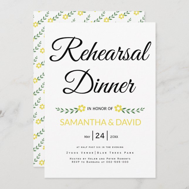 Modern typography yellow wedding rehearsal dinner invitation (Front/Back)
