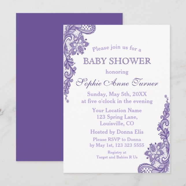 Modern Ultra Violet Lace Baby Shower Invitation (Front/Back)