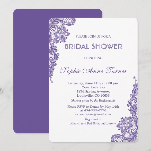 Modern Ultra Violet Lace Bridal Shower Invitation (Front/Back)