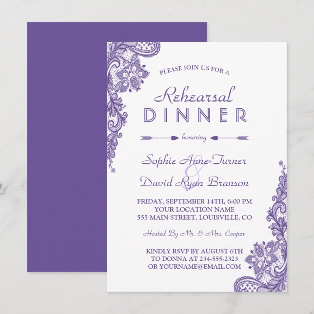 Modern Ultra Violet Lace Rehearsal Dinner Invite (Front/Back)