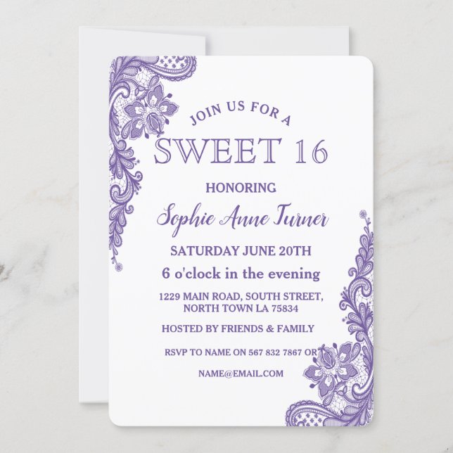 Modern Ultra Violet Lace SWEET 16 Invitation (Front)