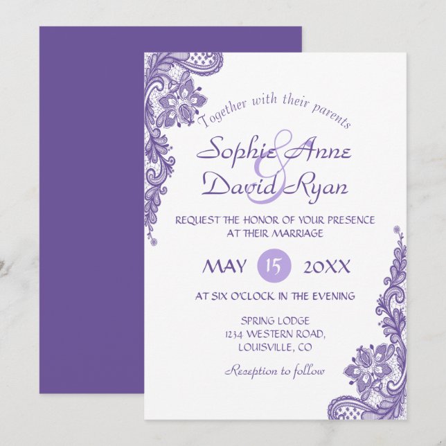 Modern Ultra Violet Lace Wedding Invitation (Front/Back)