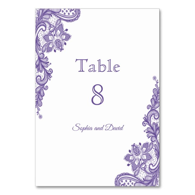 Modern Ultra Violet Lace Wedding Table Number (Front)