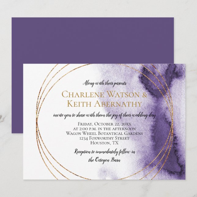Modern Ultra Violet Purple Gold Circles Wedding Invitation (Front/Back)
