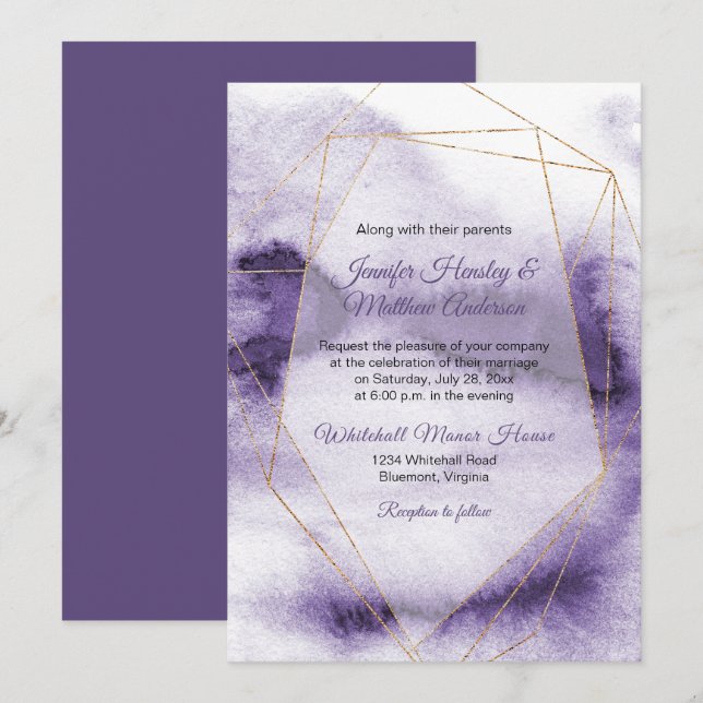 Modern Ultra Violet Purple Gold Geometric Wedding Invitation (Front/Back)