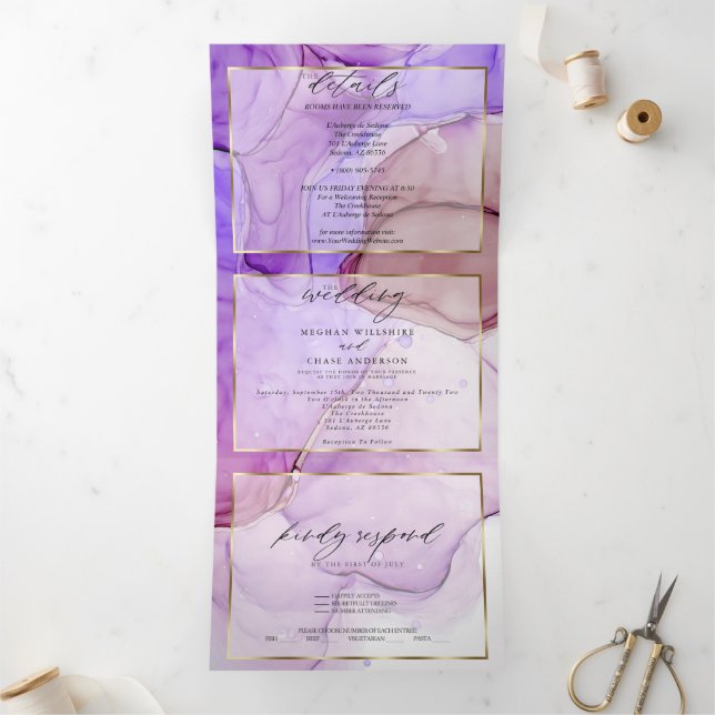 Modern Ultraviolet Purple Mauve Fluid Ink Tri-Fold Invitation (Inside)