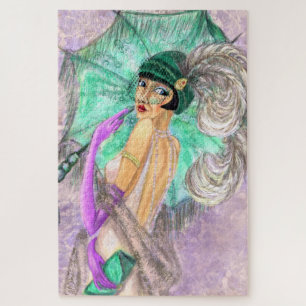 Modern Umbrella Lady Puzzle Vintage Style Painting